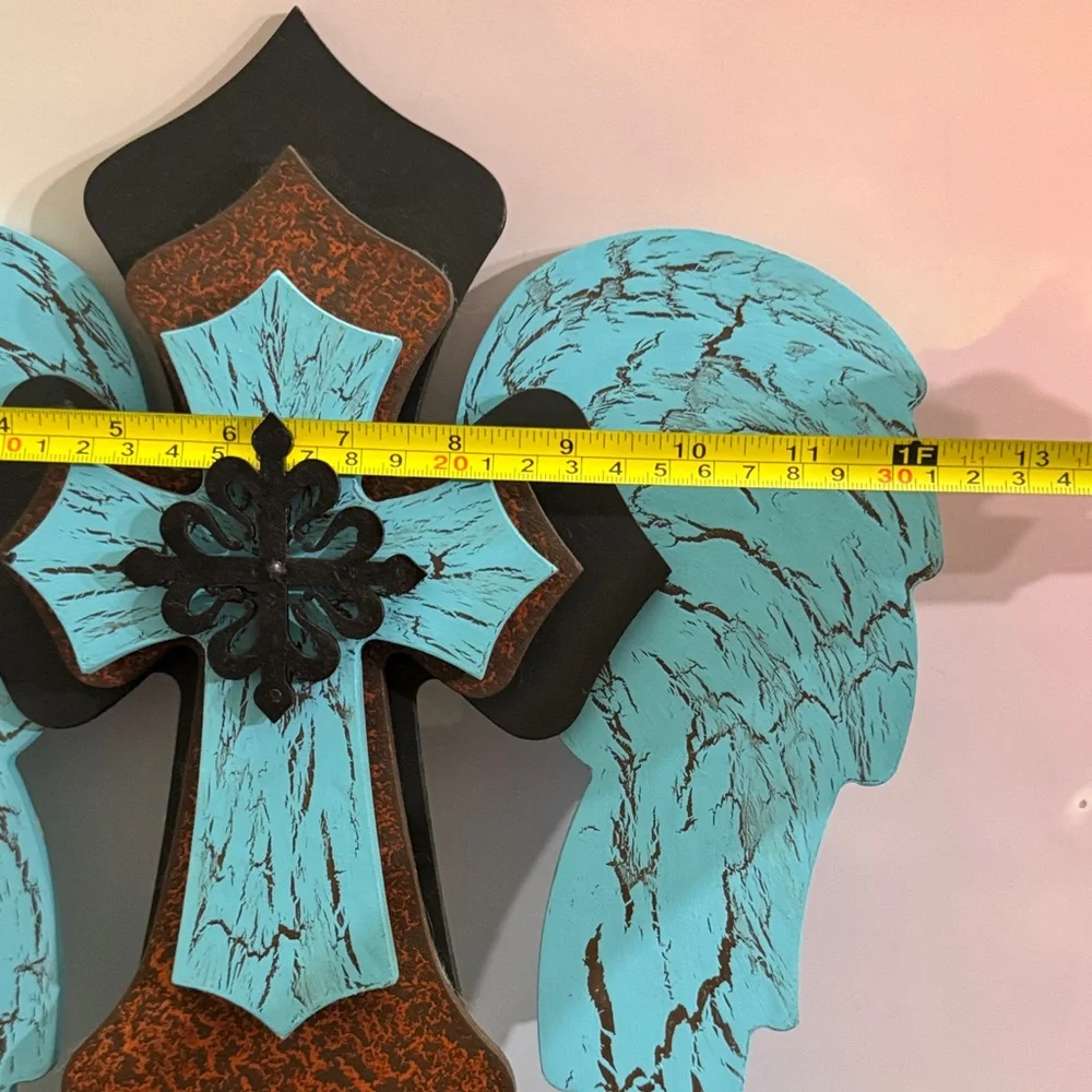 Wooden Angel Wings Cross Blue, Brown and Black Cross With Wings Wall Decor